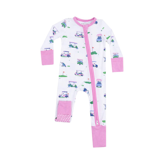 2 Way Zipper Romper Vintage Golf Carts Pink.