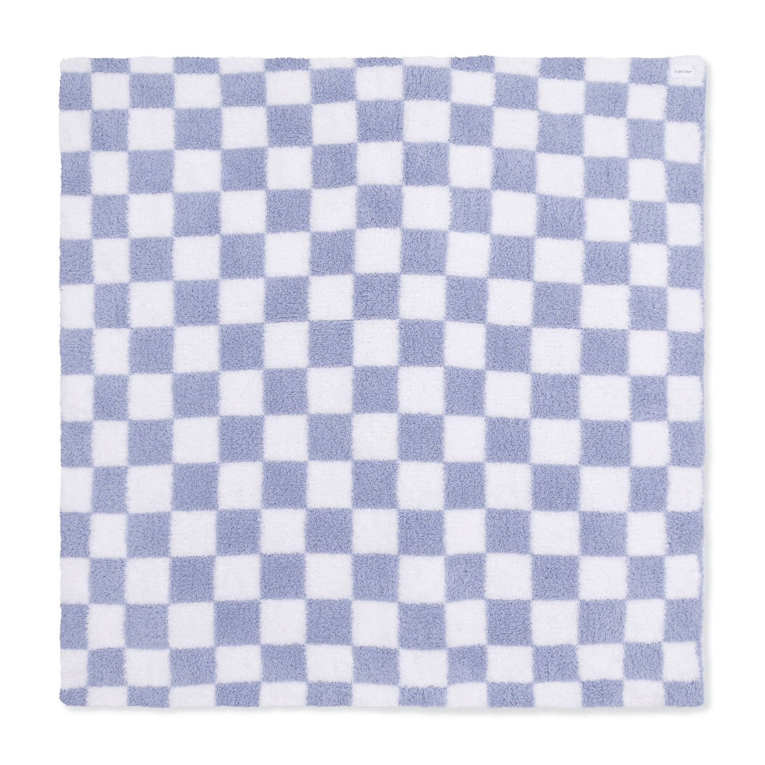 Chenille baby blanket in a dusty blue and white checkerboard pattern