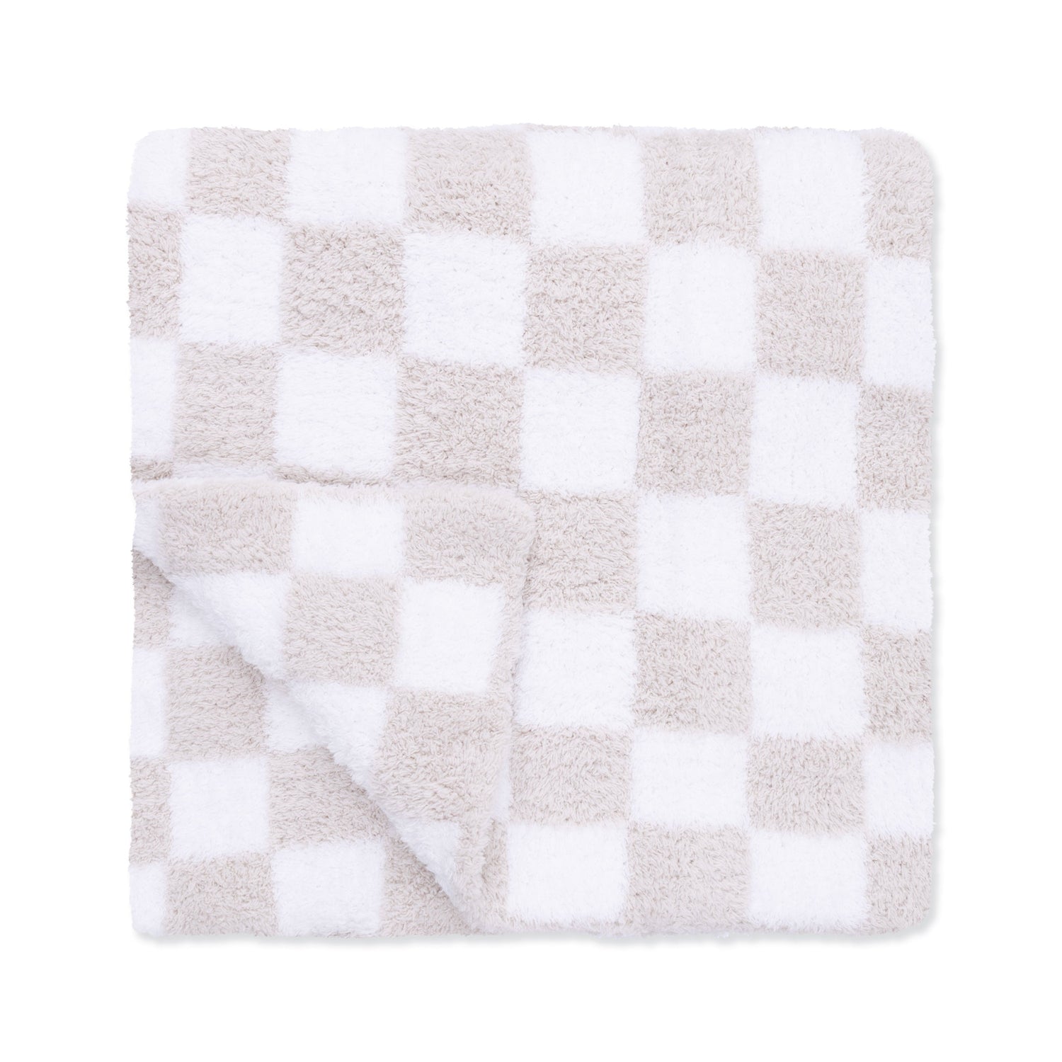 Chenille baby blanket with a natural checkerboard design in neutral tones