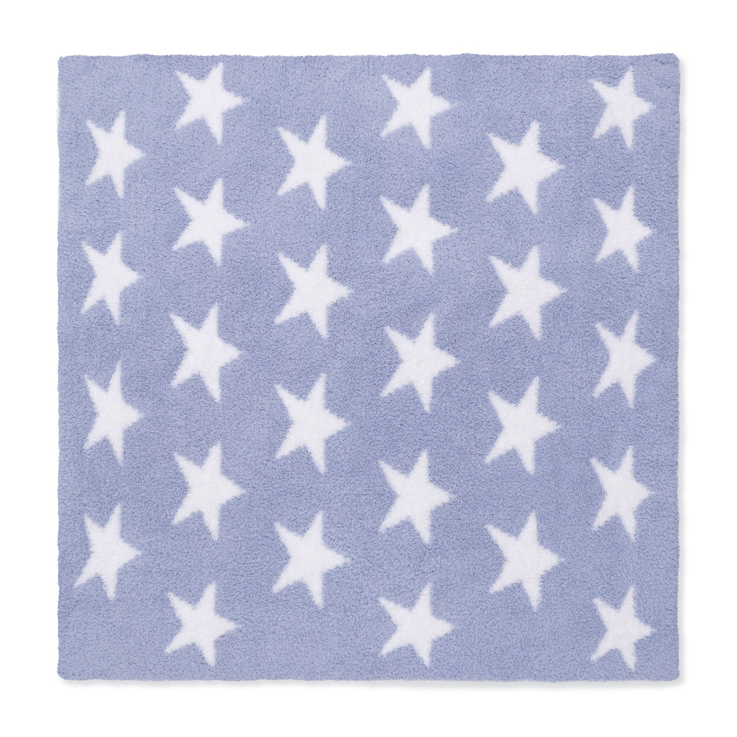 Baby blanket in dusty blue chenille with a soft star pattern, laid flat
