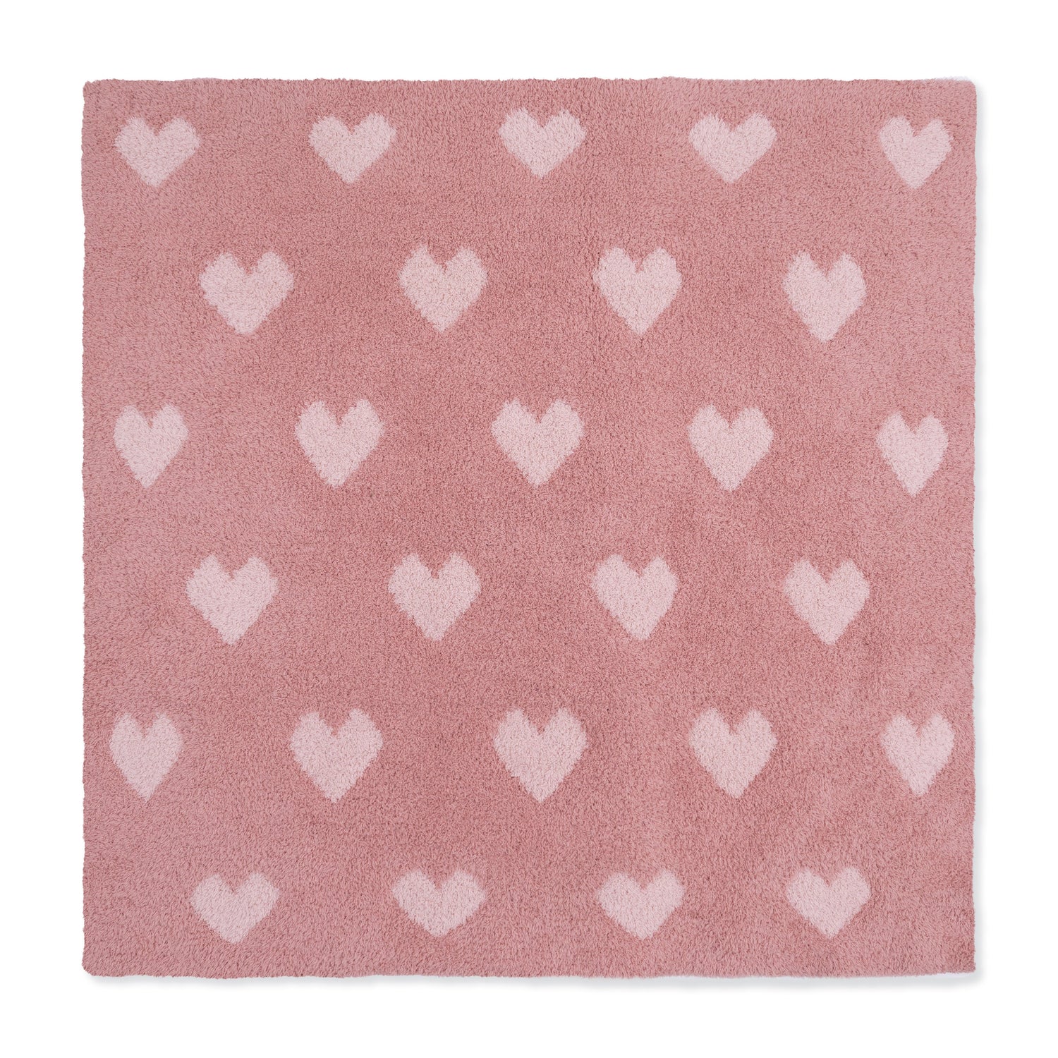 Chenille stroller blanket in blush with a rose heart pattern, folded to show its plush texture.