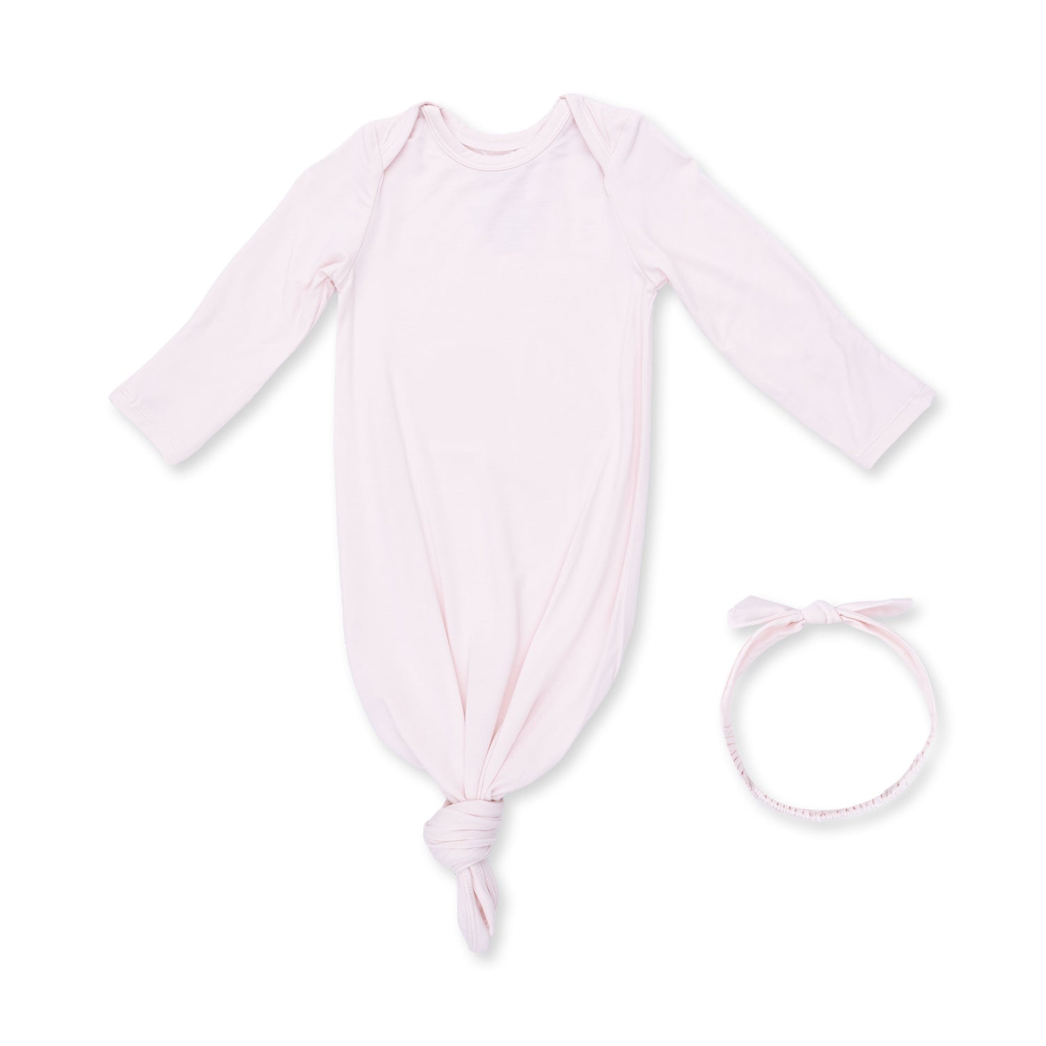 Knotted gown and matching knot headband in solid mauve, showing the tied bottom and stretchy headband
