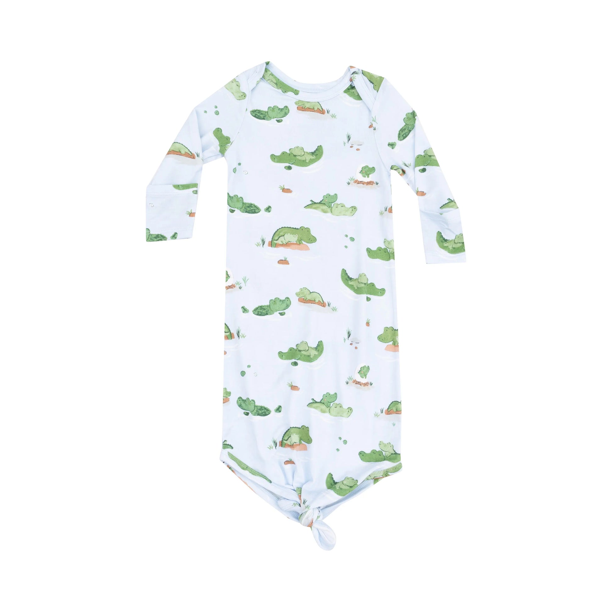 Knotted Baby Gown in Alligator Blue for Newborns and Infants.