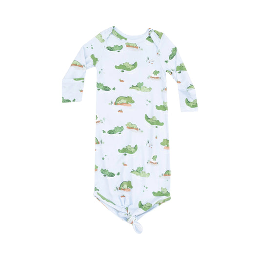 Knotted Baby Gown in Alligator Blue for Newborns and Infants.