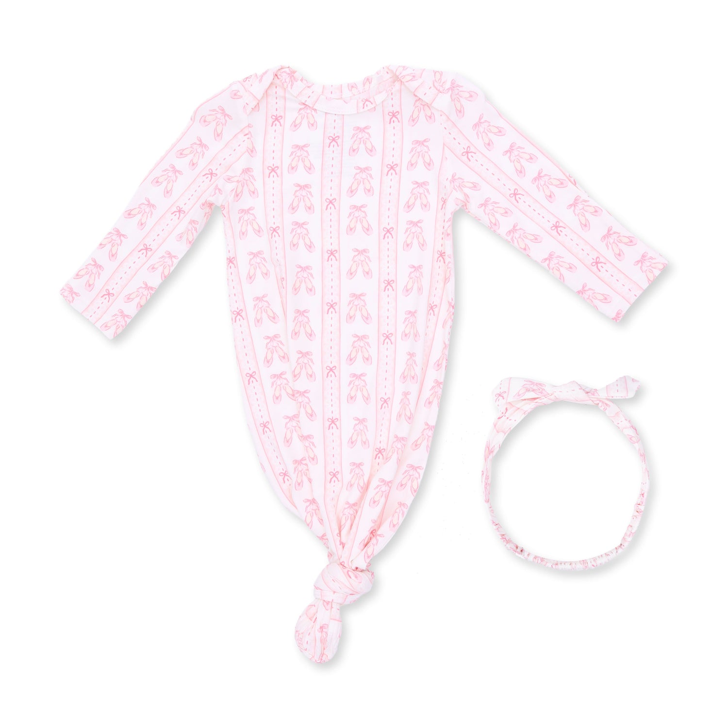 Baby knotted gown and matching knot headband in a ballet shoes ribbon stripe print