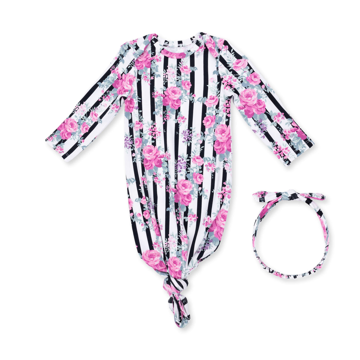 Baby knotted gown with matching knot headband in pink cabbage rose stripe print