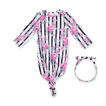 Baby knotted gown with matching knot headband in pink cabbage rose stripe print