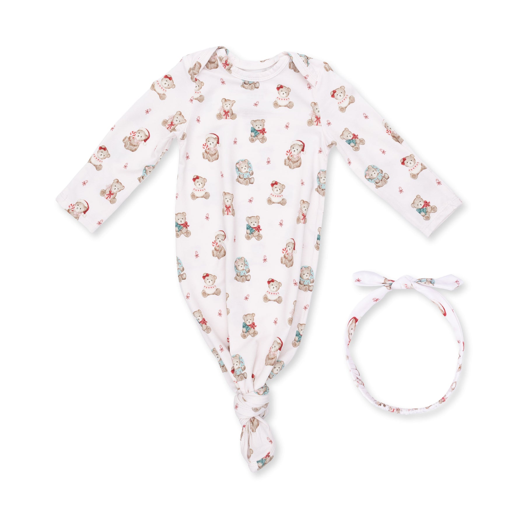 Pink baby knotted gown with Christmas teddy bear print and matching knotted headband