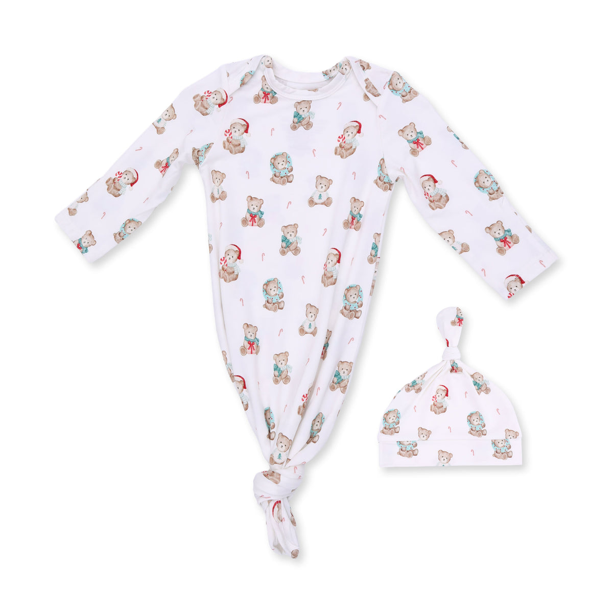Baby knotted gown and matching knotted hat in a Christmas teddy bear print