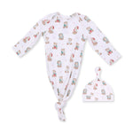 Baby knotted gown and matching knotted hat in a Christmas teddy bear print