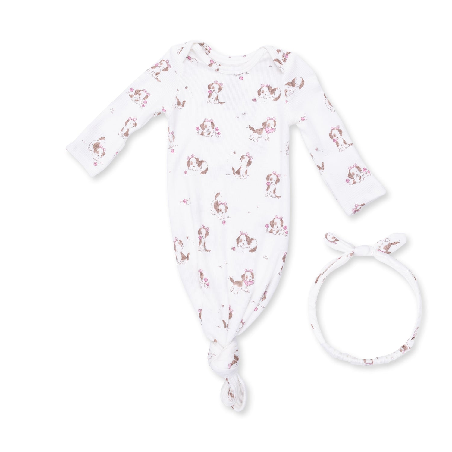 Pink knotted baby gown with explorer puppy print and matching knot headband