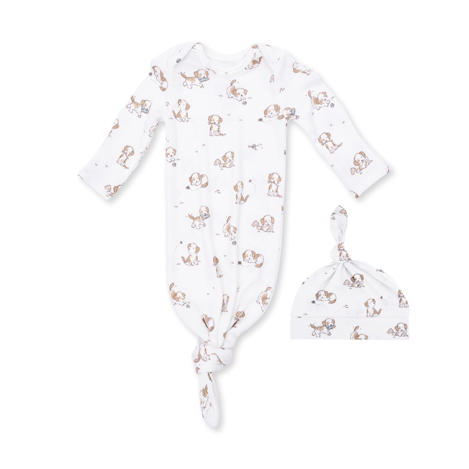 Knotted gown and beanie hat set in blue with an explorer puppy print, made of ribbed modal.