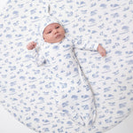 Knotted baby gown and matching knotted hat in a farm friends print on soft ribbed fabric
