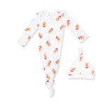 Baby knotted gown and matching knotted hat in a simple gingerbread print