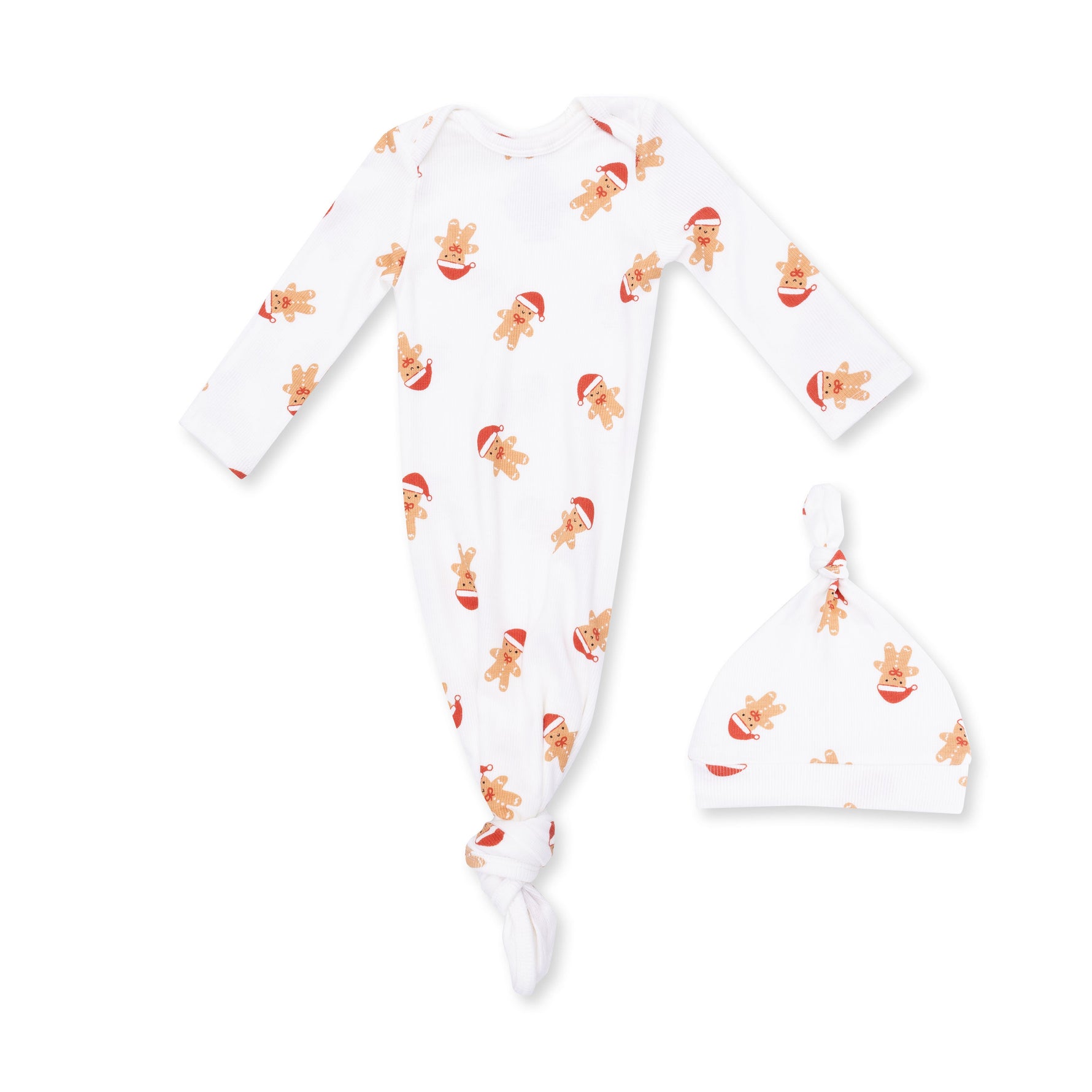 Baby knotted gown and matching knotted hat in a simple gingerbread print