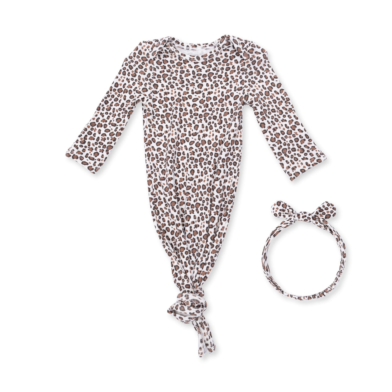 Baby knotted gown and matching knot headband in leopard print ribbed modal.