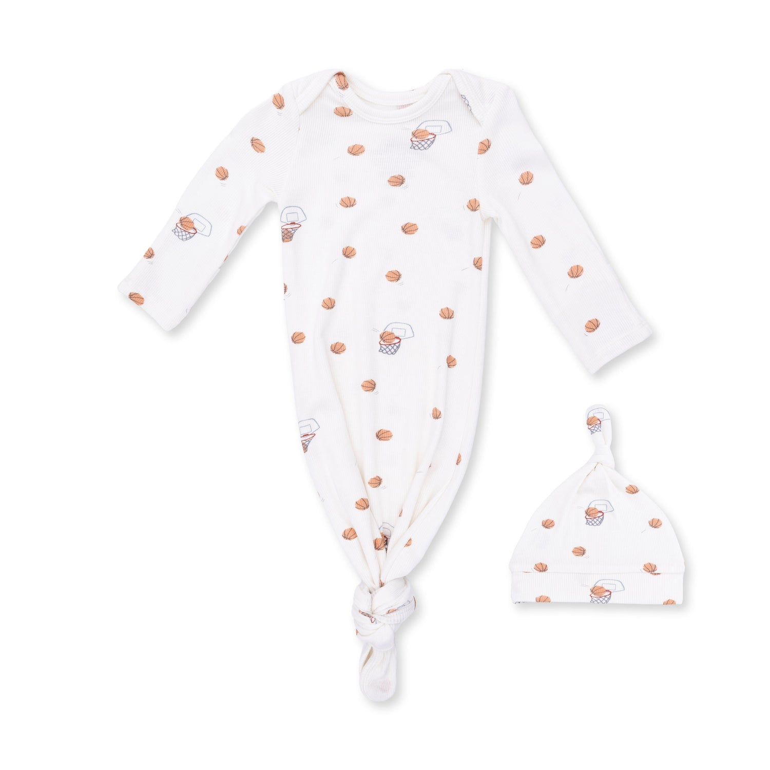 Baby knotted gown and matching knotted hat in a mini basketballs print on ribbed fabric