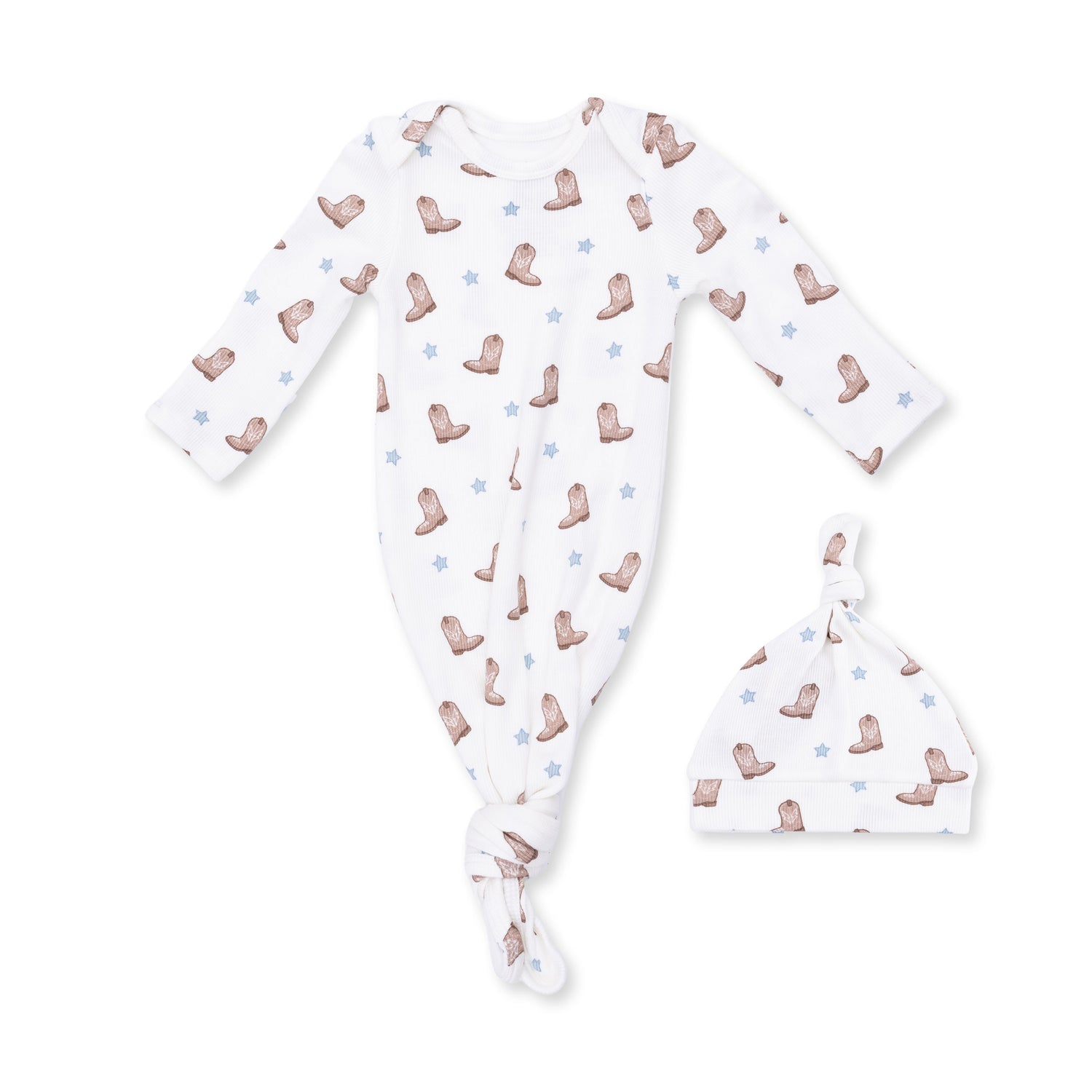 Knotted baby gown and matching knotted hat in a cowboy boot print on ribbed fabric