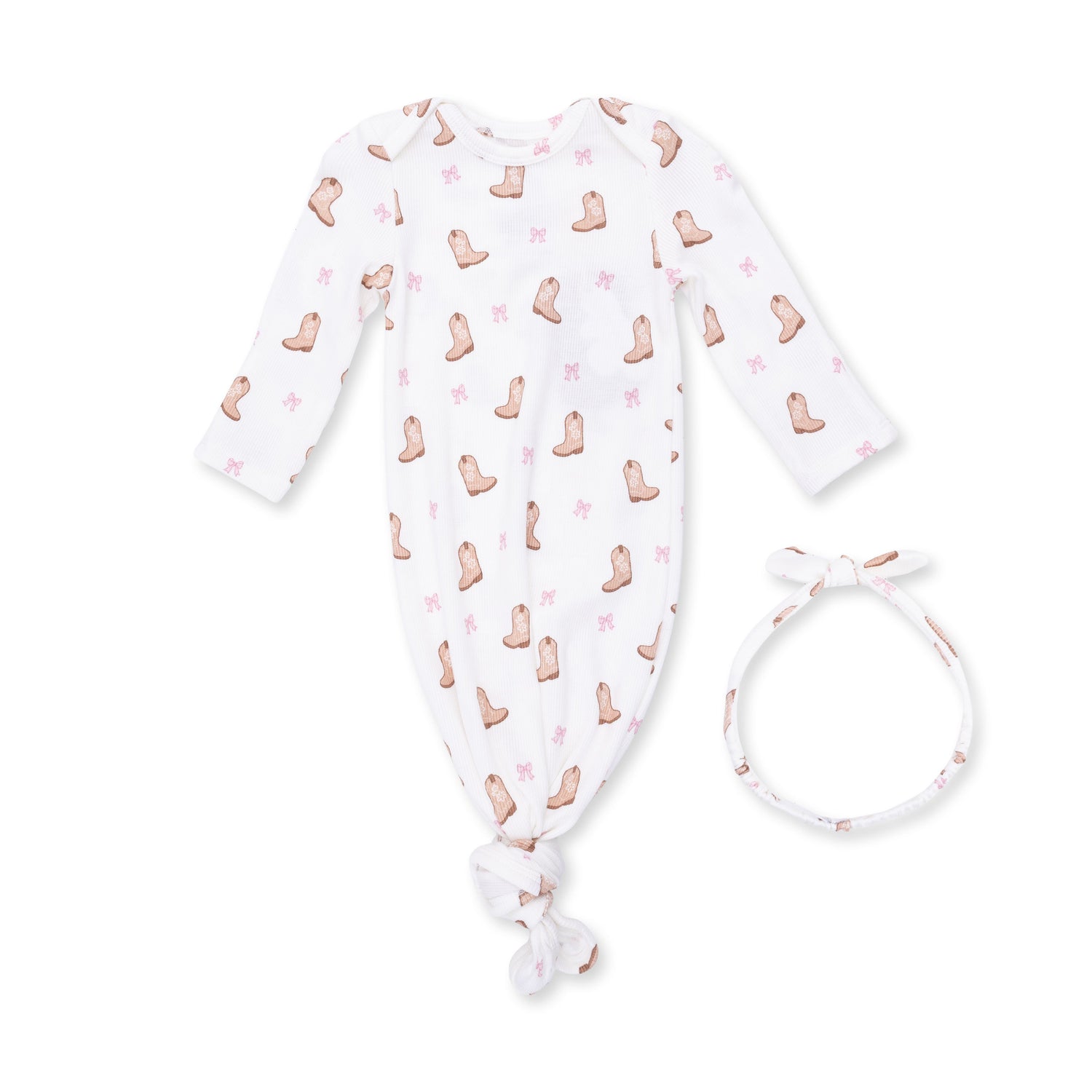 Knotted baby gown with cowgirl boots print and matching knot headband in ribbed fabric