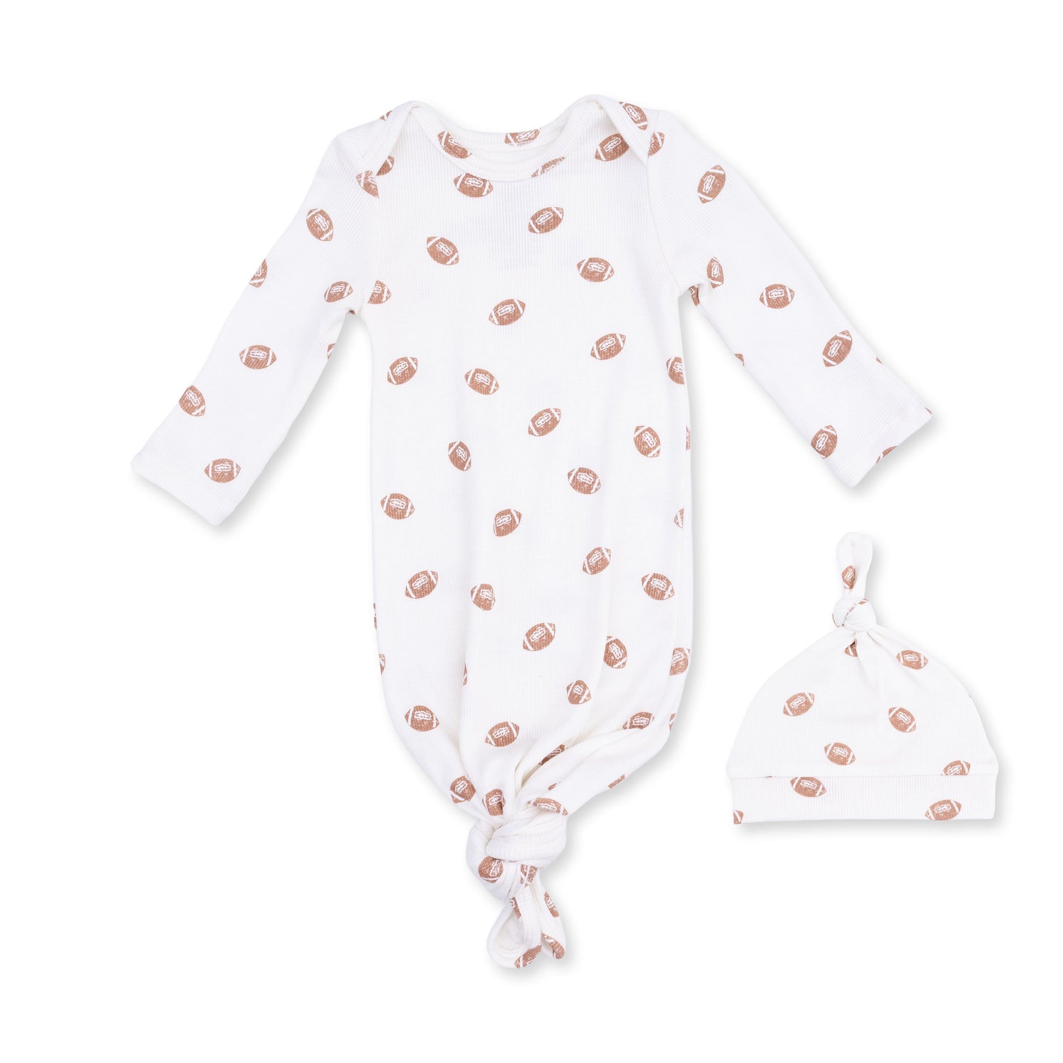 Knotted baby gown and matching knotted hat in a mini football print on soft ribbed fabric.