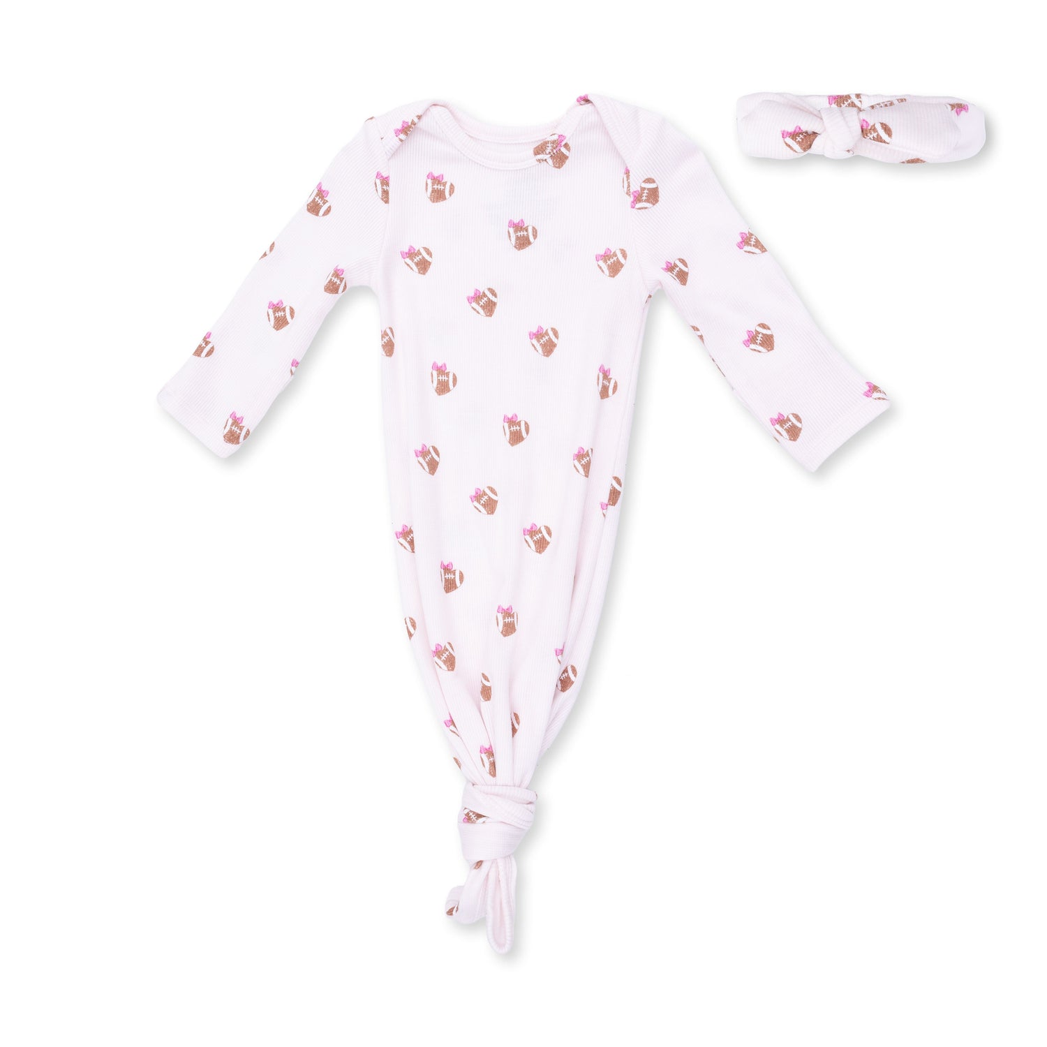 Knotted baby gown and matching knot headband in a mini football hearts print on soft ribbed fabric