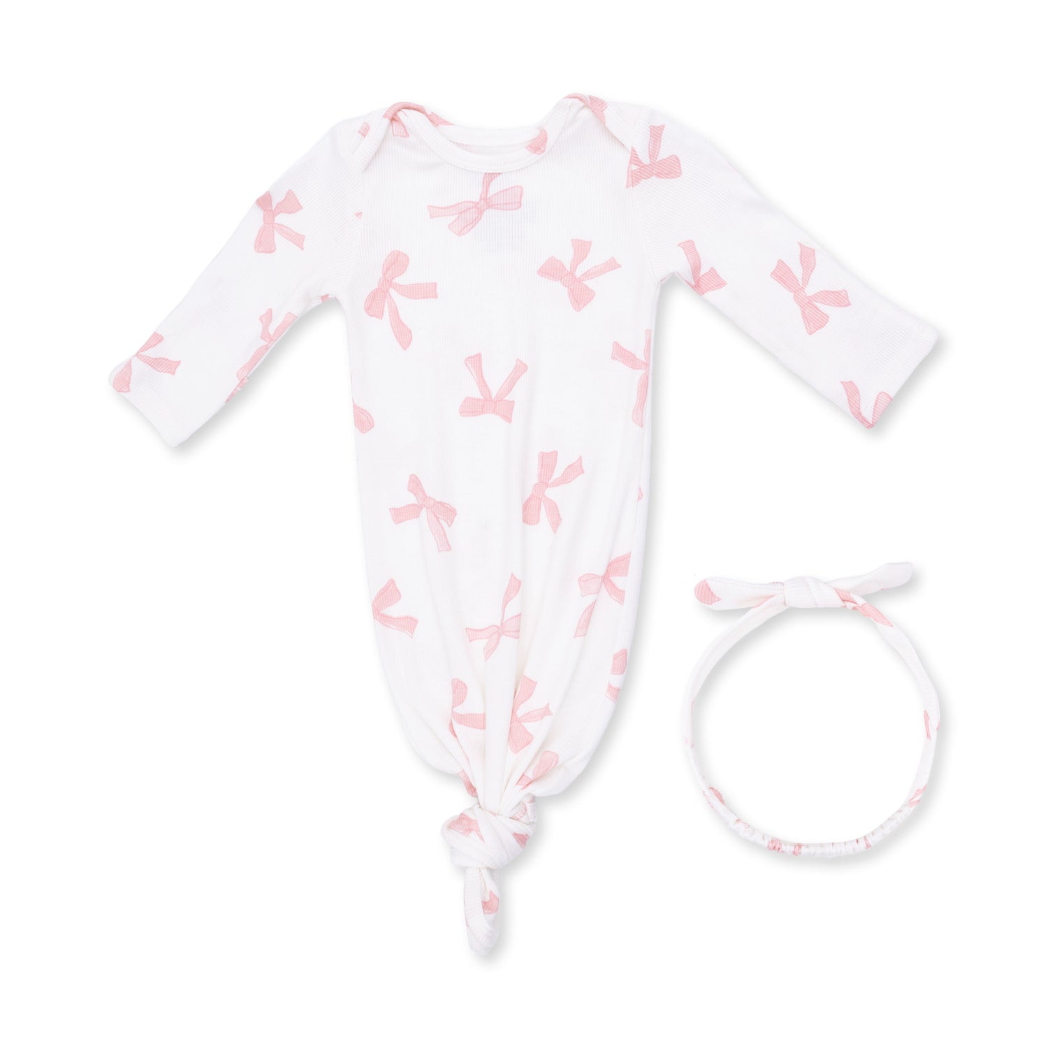 Baby knotted gown and matching knot headband in a Pretty Bows print on ribbed modal fabric.