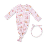 Baby knotted gown and matching knot headband in a princess unicorns and castle print