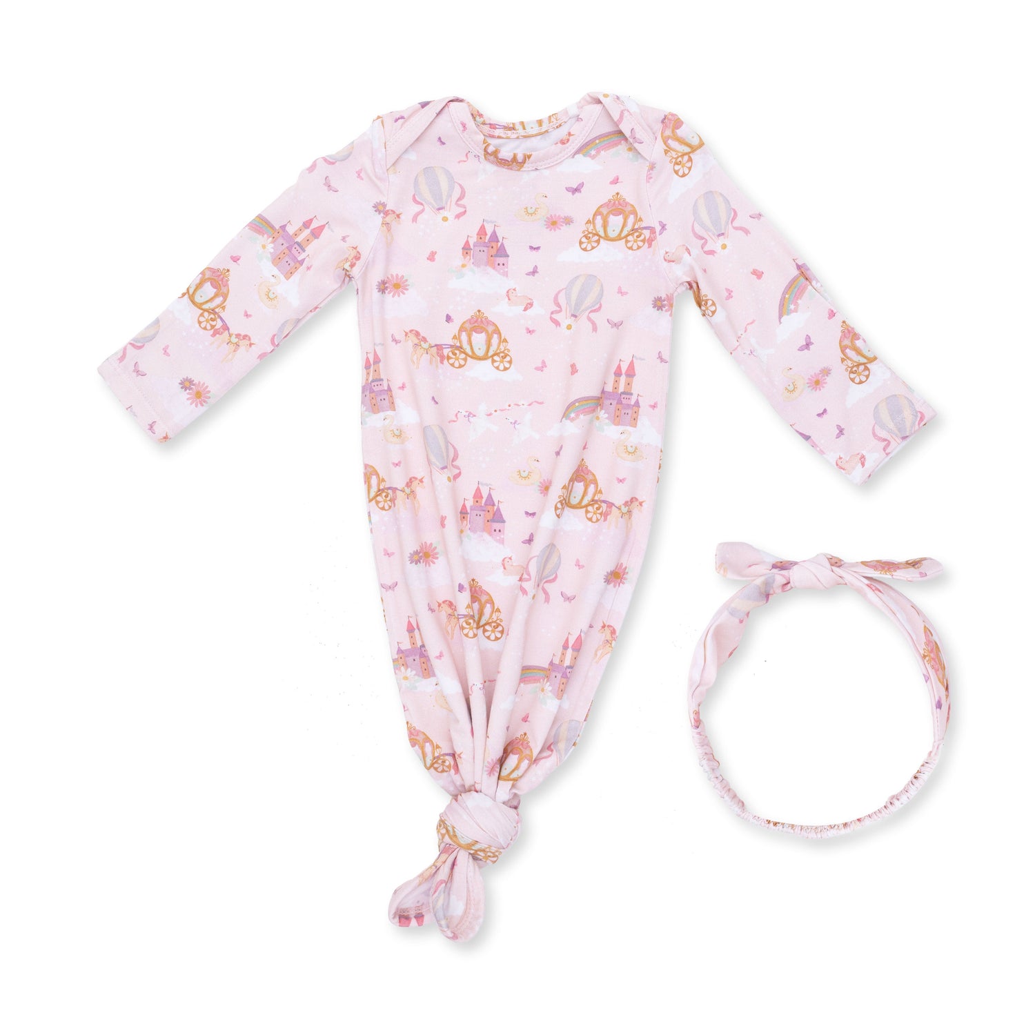 Baby knotted gown and matching knot headband in a princess unicorns and castle print