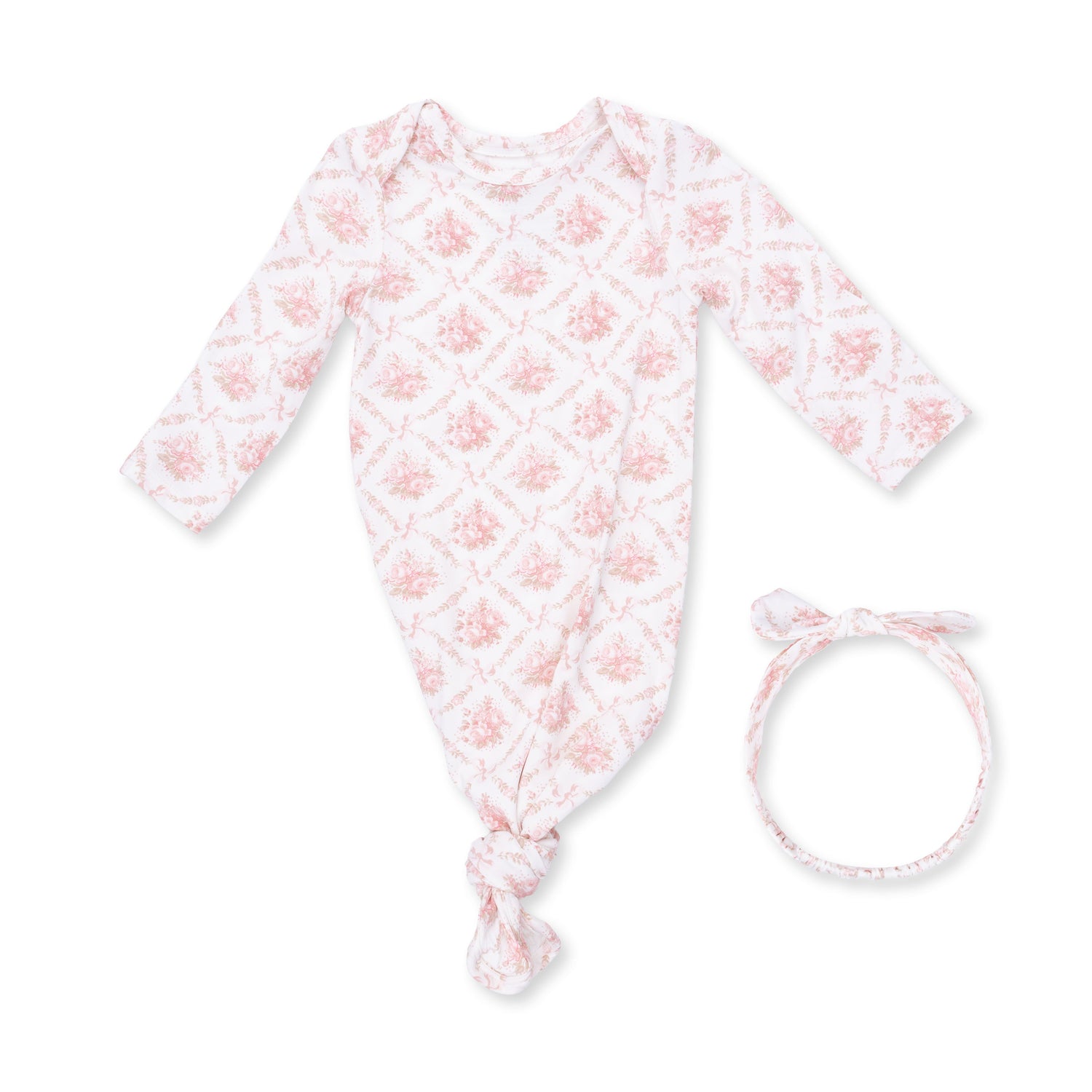 Convertible knotted baby gown and matching knot headband in a rose bow lattice print