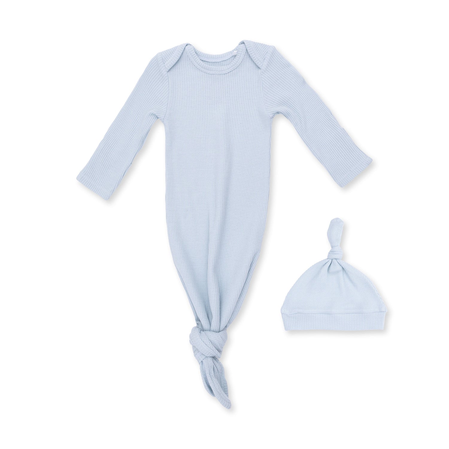 Knotted baby gown and matching knotted hat set in solid baby blue waffle fabric