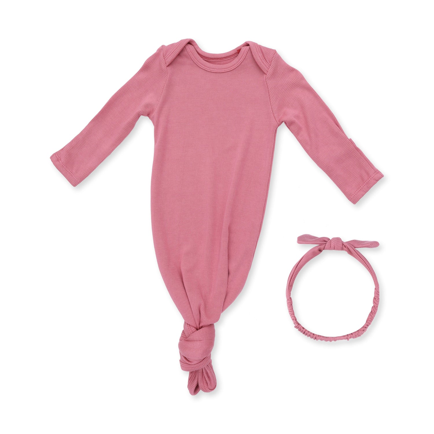 Baby knotted gown and matching knot headband in solid baroque rose ribbed fabric