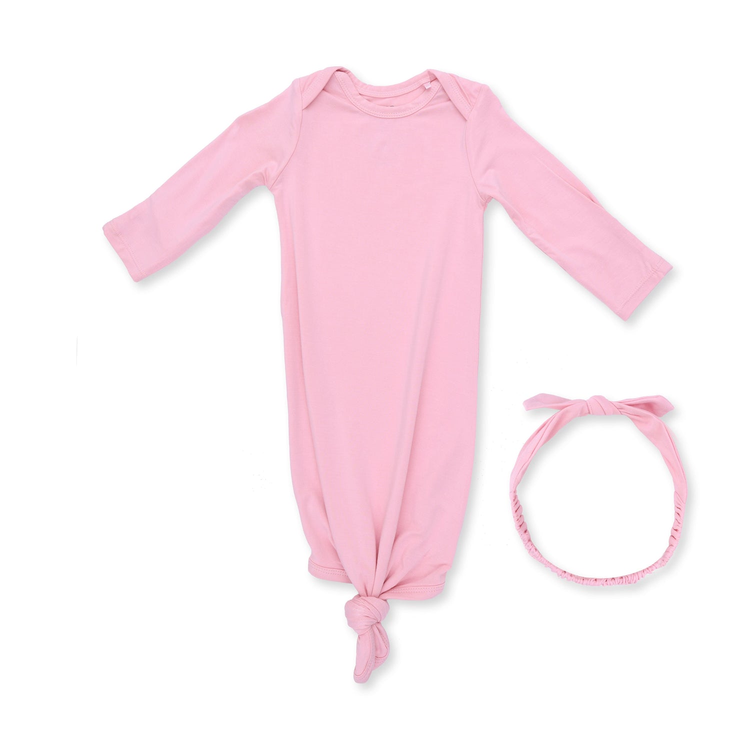 Convertible knotted gown and matching knot headband set in solid candy pink.