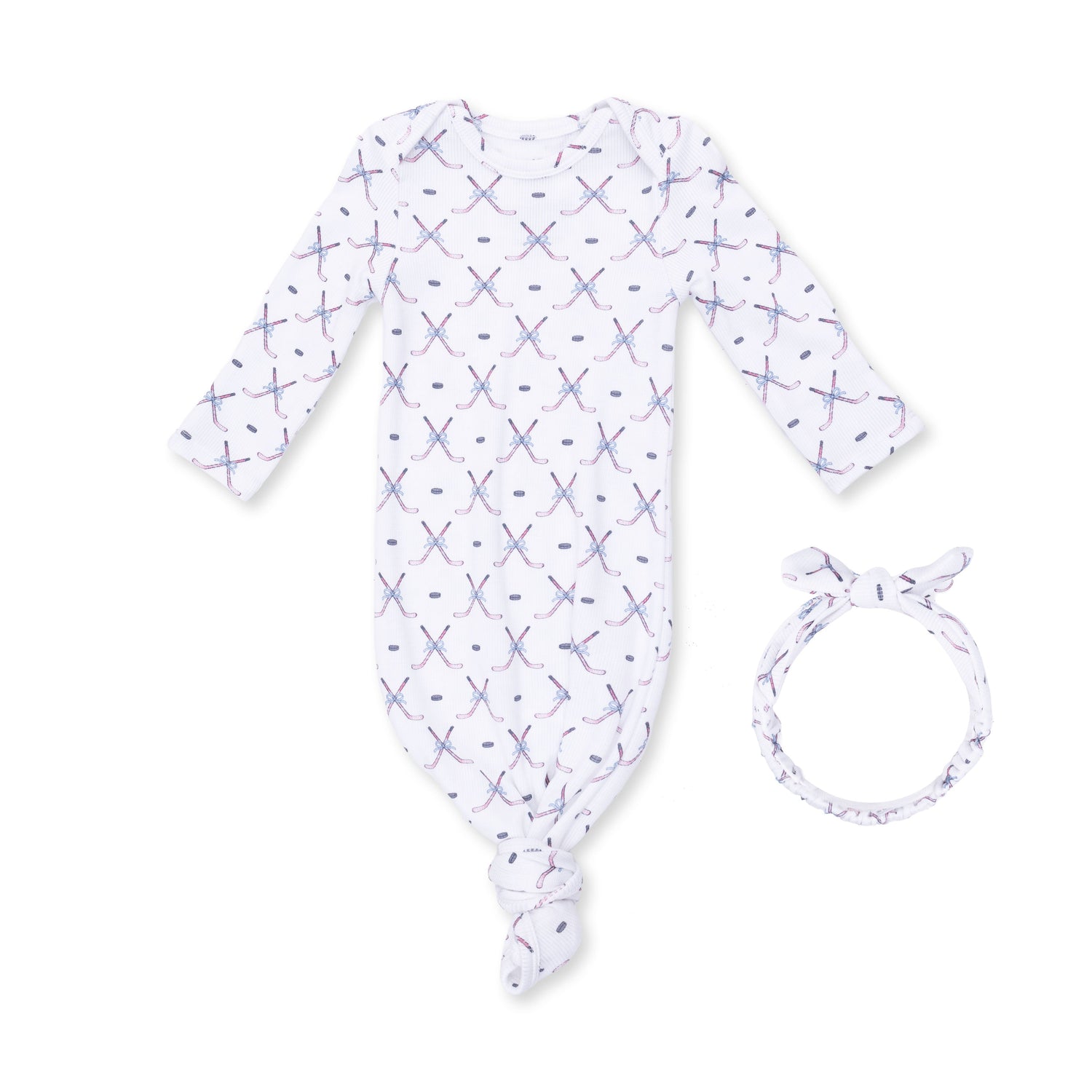 Knotted baby gown and matching knot headband in pink with a small hockey print, ribbed fabric