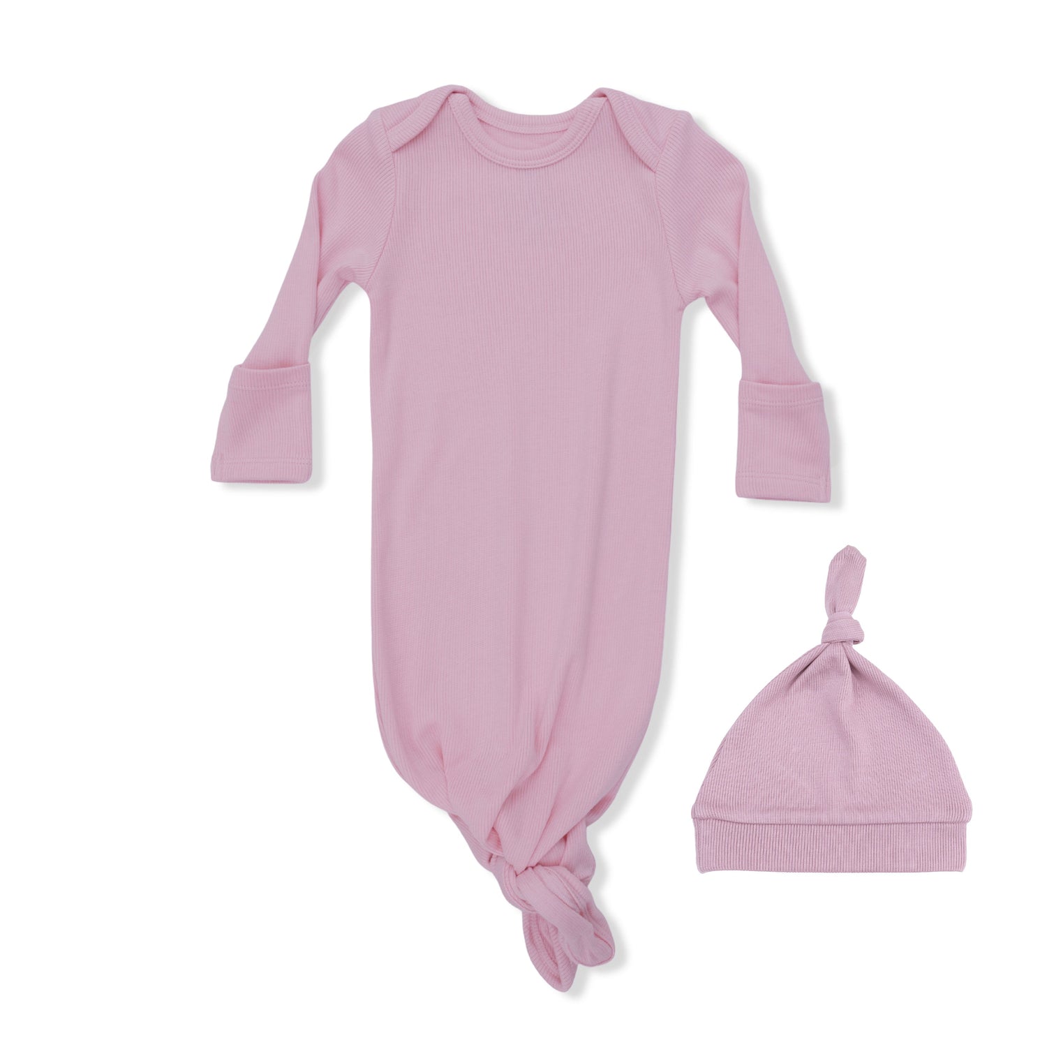 Knotted baby gown and matching knotted hat in solid lilac ribbed fabric