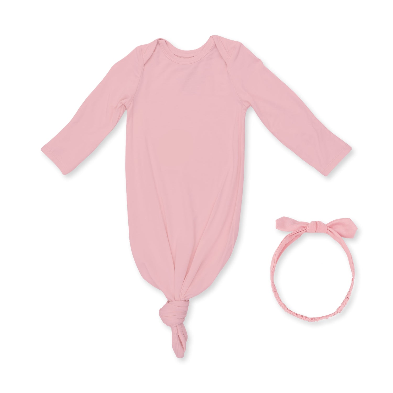 Baby knotted gown and matching knot headband in solid mellow rose