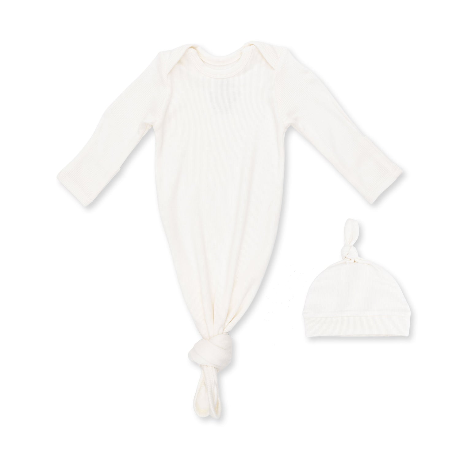 Knotted gown and matching knotted hat in solid snow white ribbed fabric