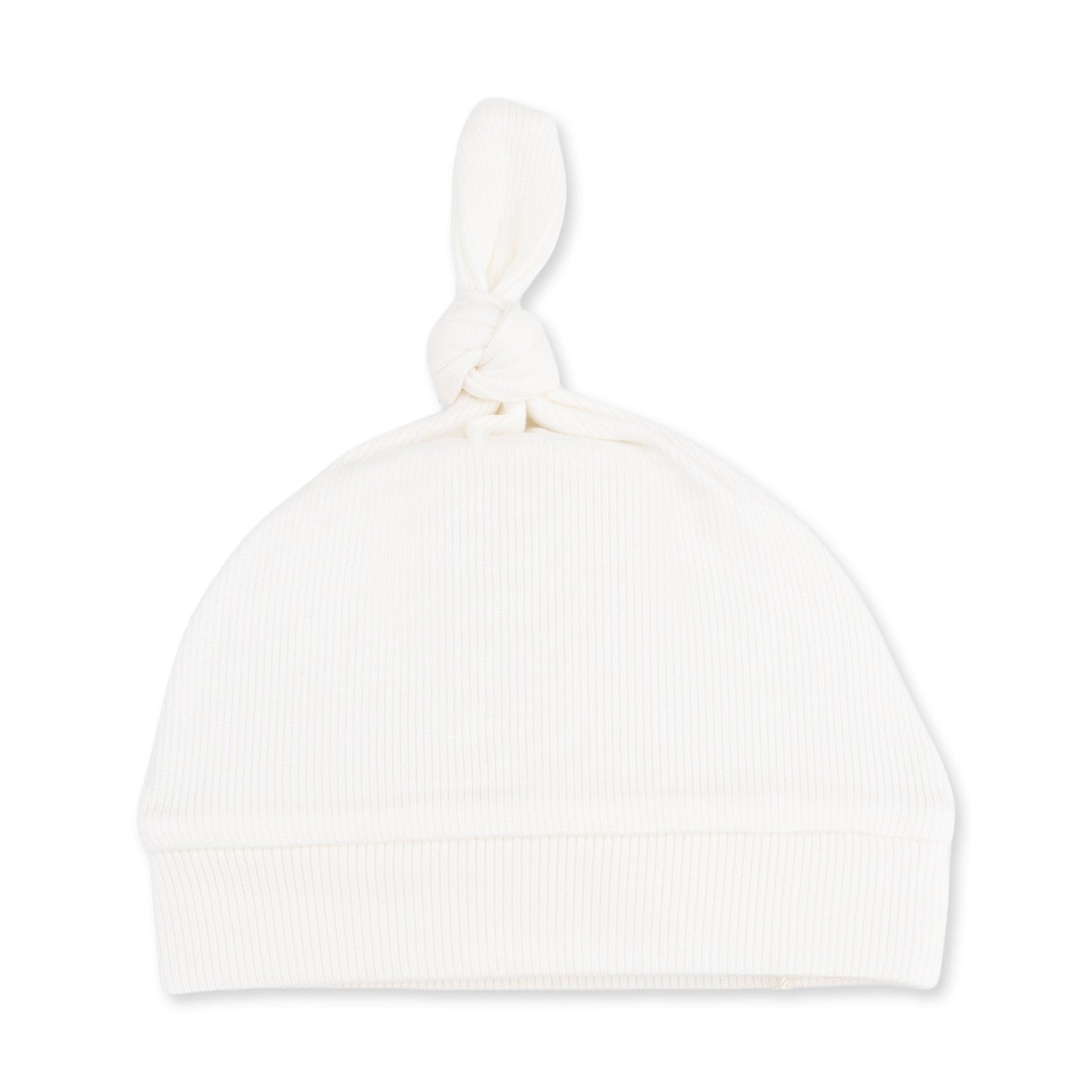 Solid snow white knotted baby hat in ribbed fabric with a tied knot at the top