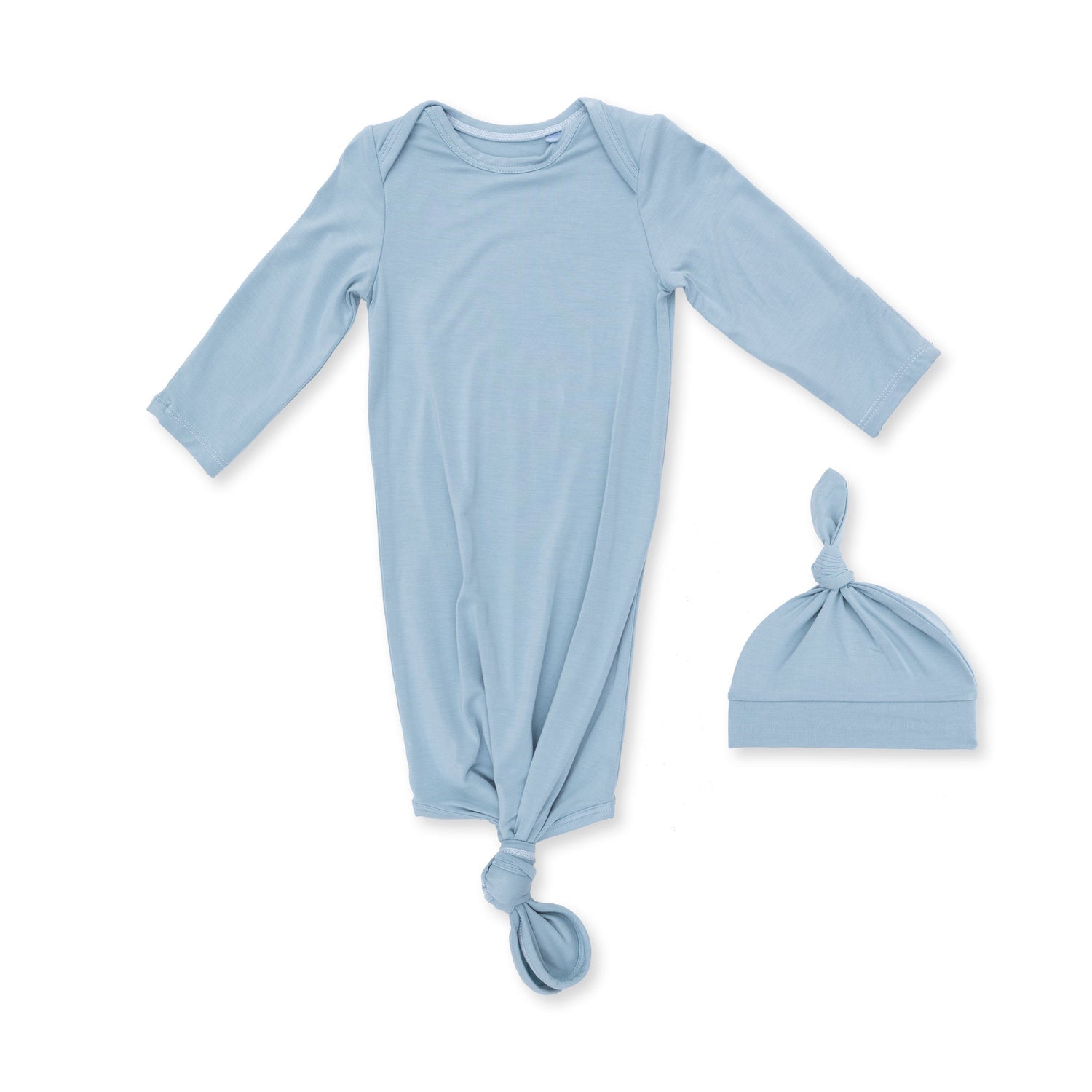 Baby knotted gown and matching knotted hat set in solid stone blue