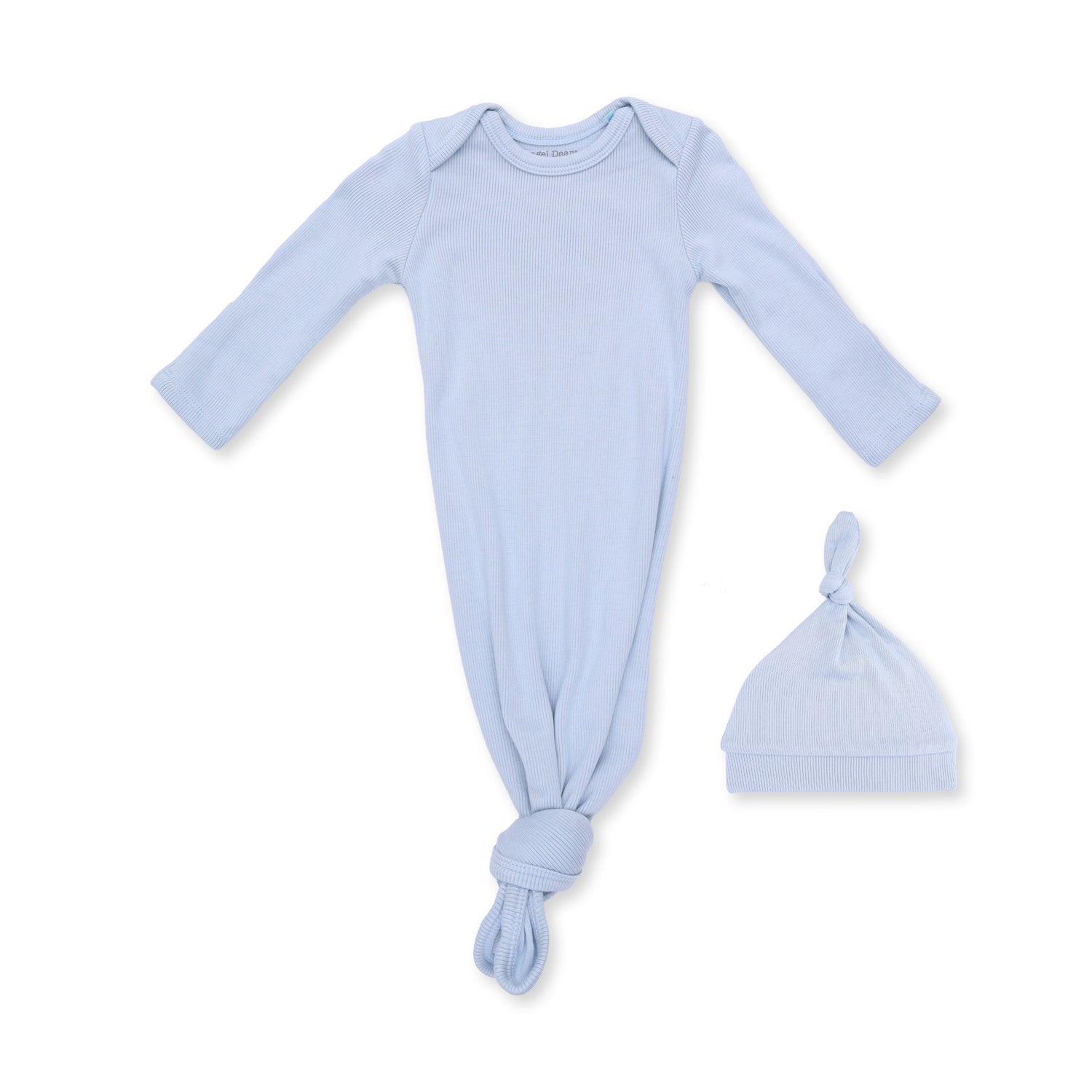 Convertible knotted gown and matching knotted hat in solid sheer blue ribbed fabric