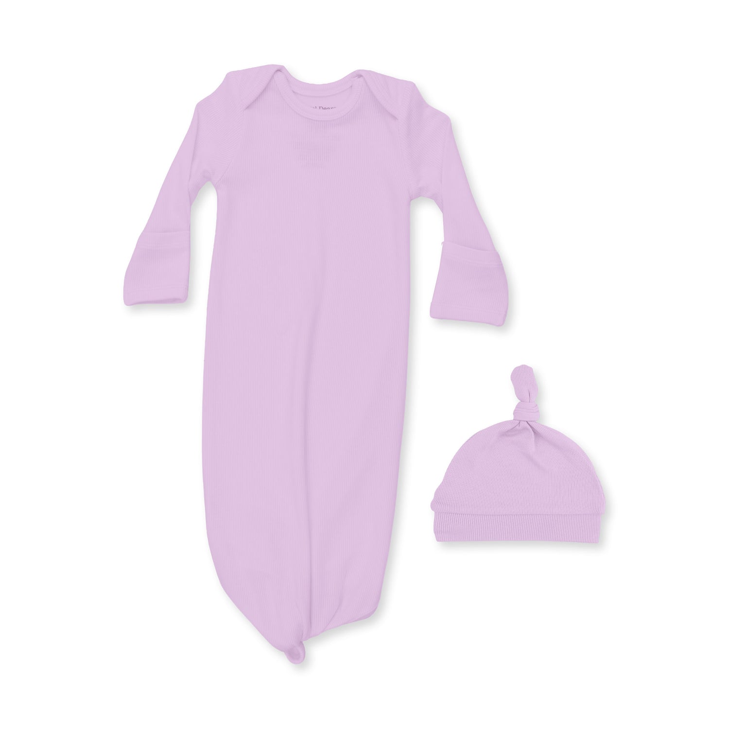 Knotted baby gown and matching knotted hat in solid orchid-purple ribbed fabric