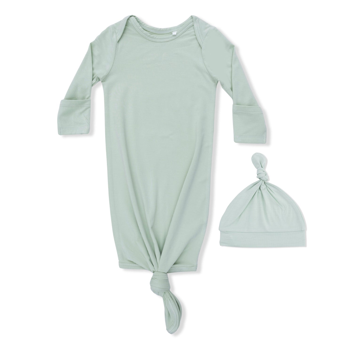 Convertible knotted baby gown and matching knotted hat in solid milky green