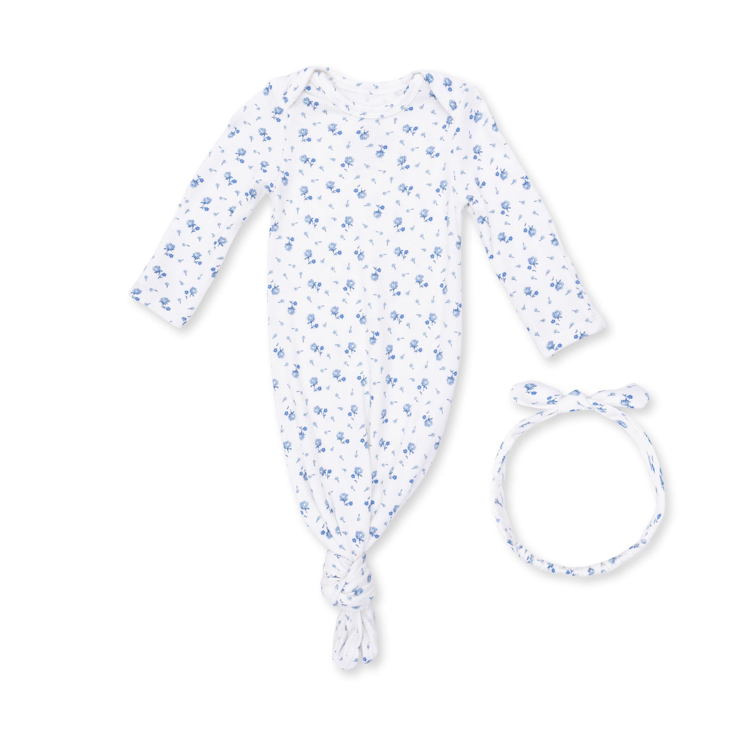 Knotted gown and matching knot headband in Joli Rosette print, made of ribbed modal