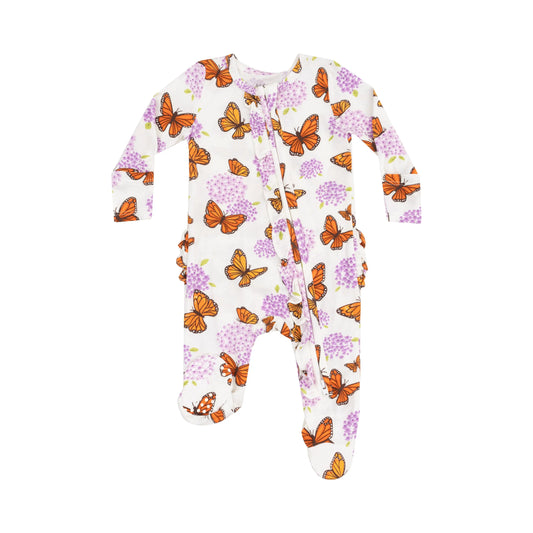 2 Way Ruffle Zipper Footie Monarch Butterflies and Milkweed.
