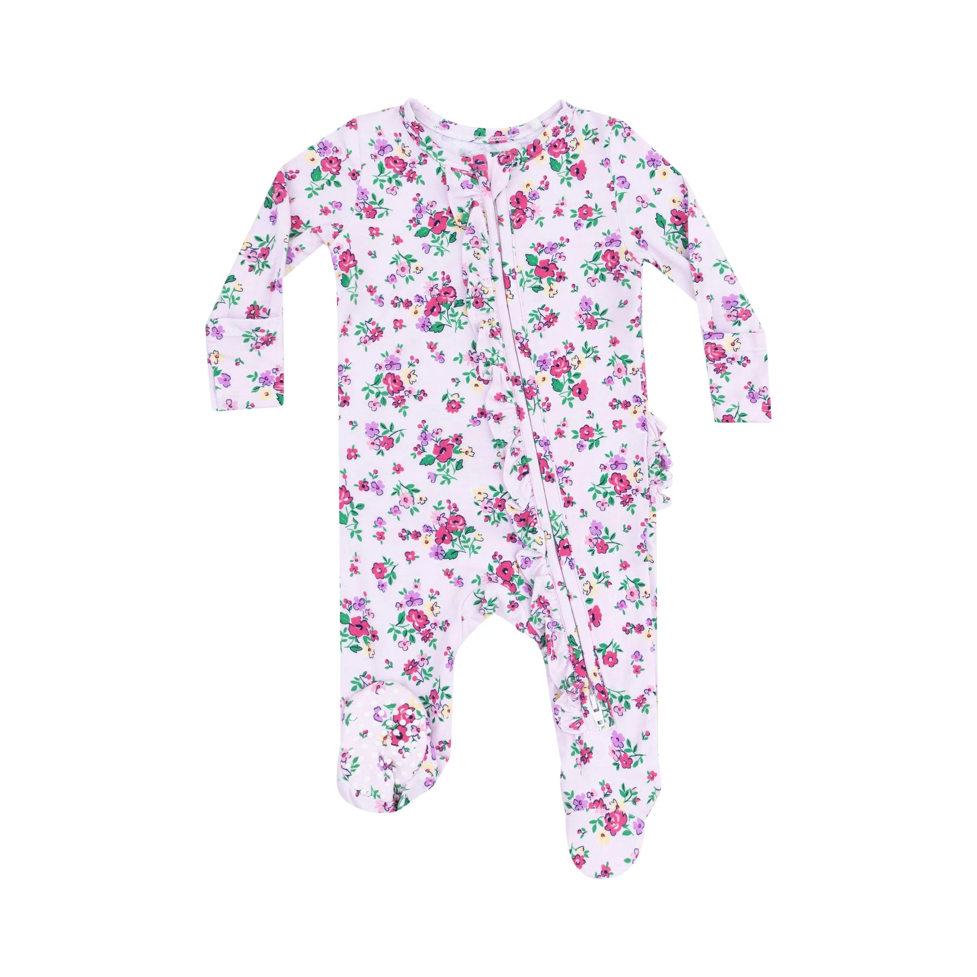 2 Way Zipper Ruffle Front Footie Preppy Roses.