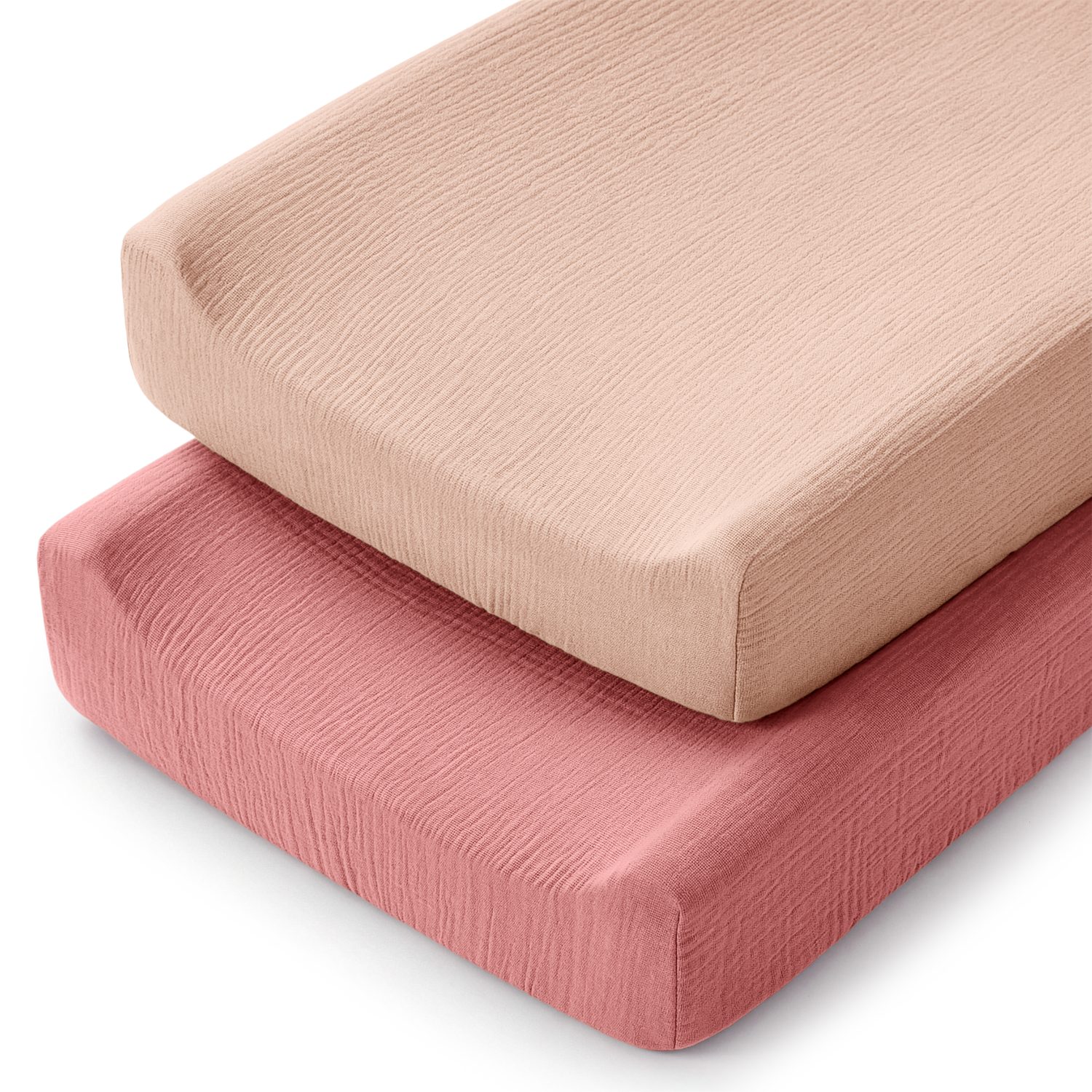 Muslin changing pad covers 2-pack in dusty rose and blush with elastic edges and harness openings