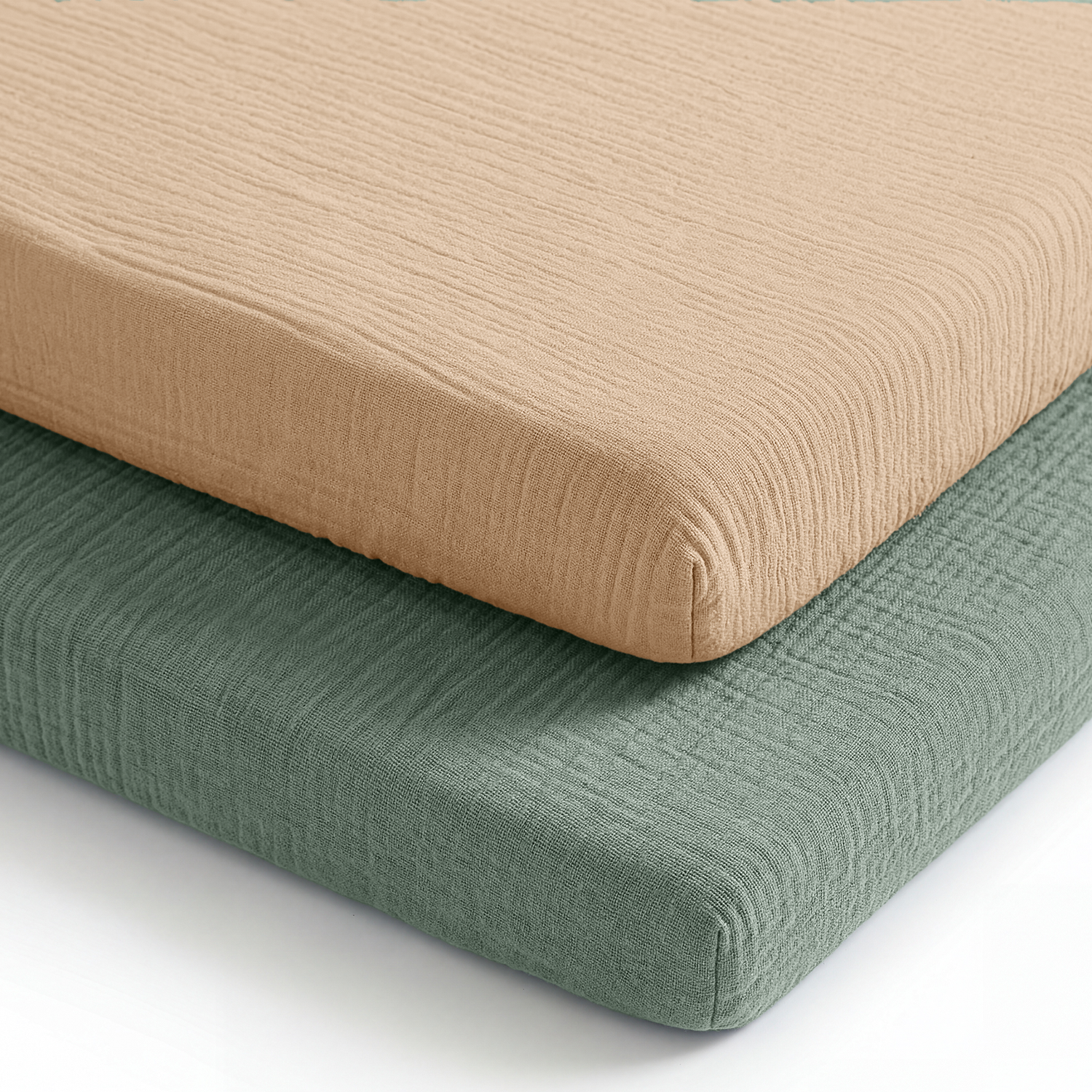 Muslin cotton bassinet sheets, 2 pack in fern green and cream