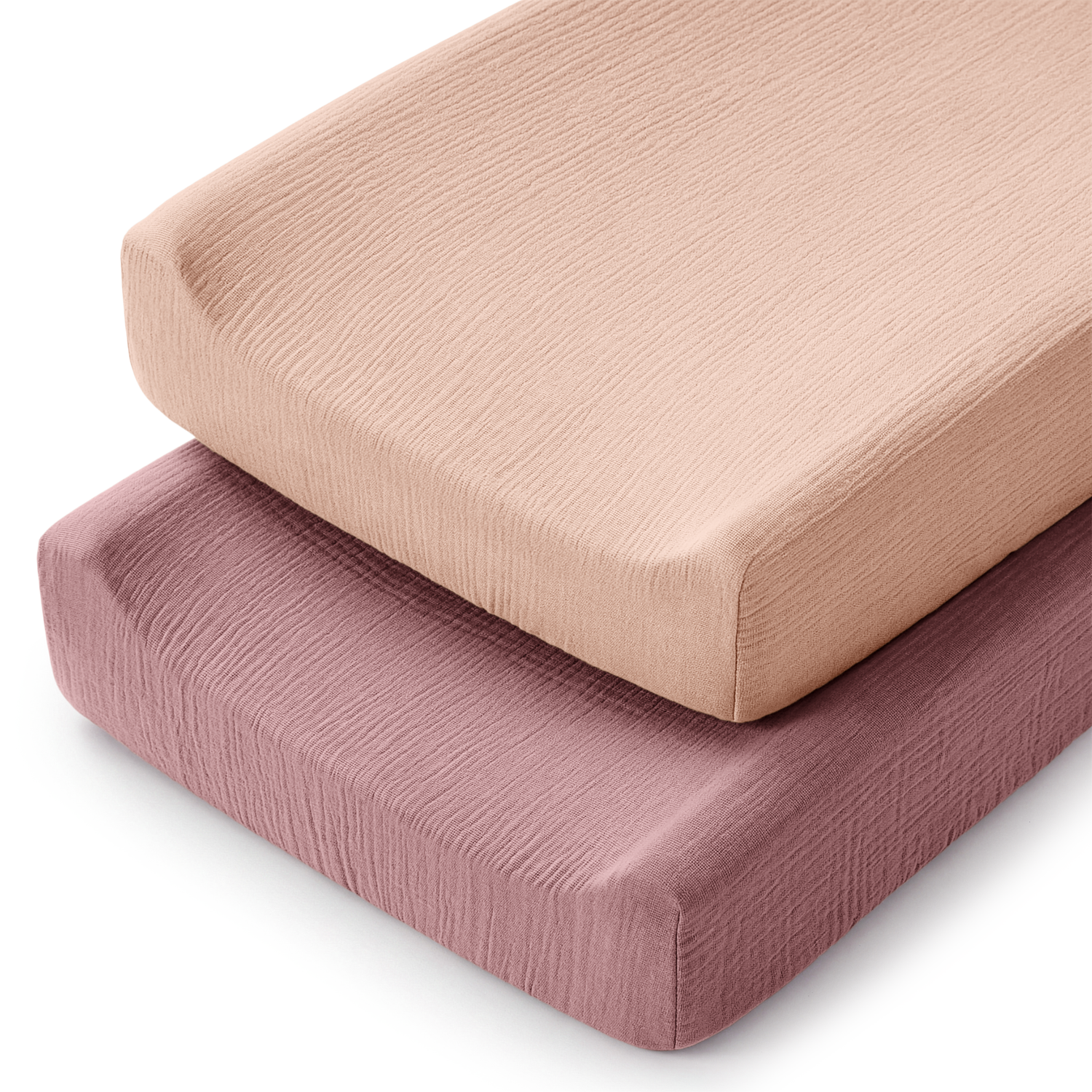Muslin changing pad covers, 2 pack in mauve and blush, with elastic edges and safety harness openings