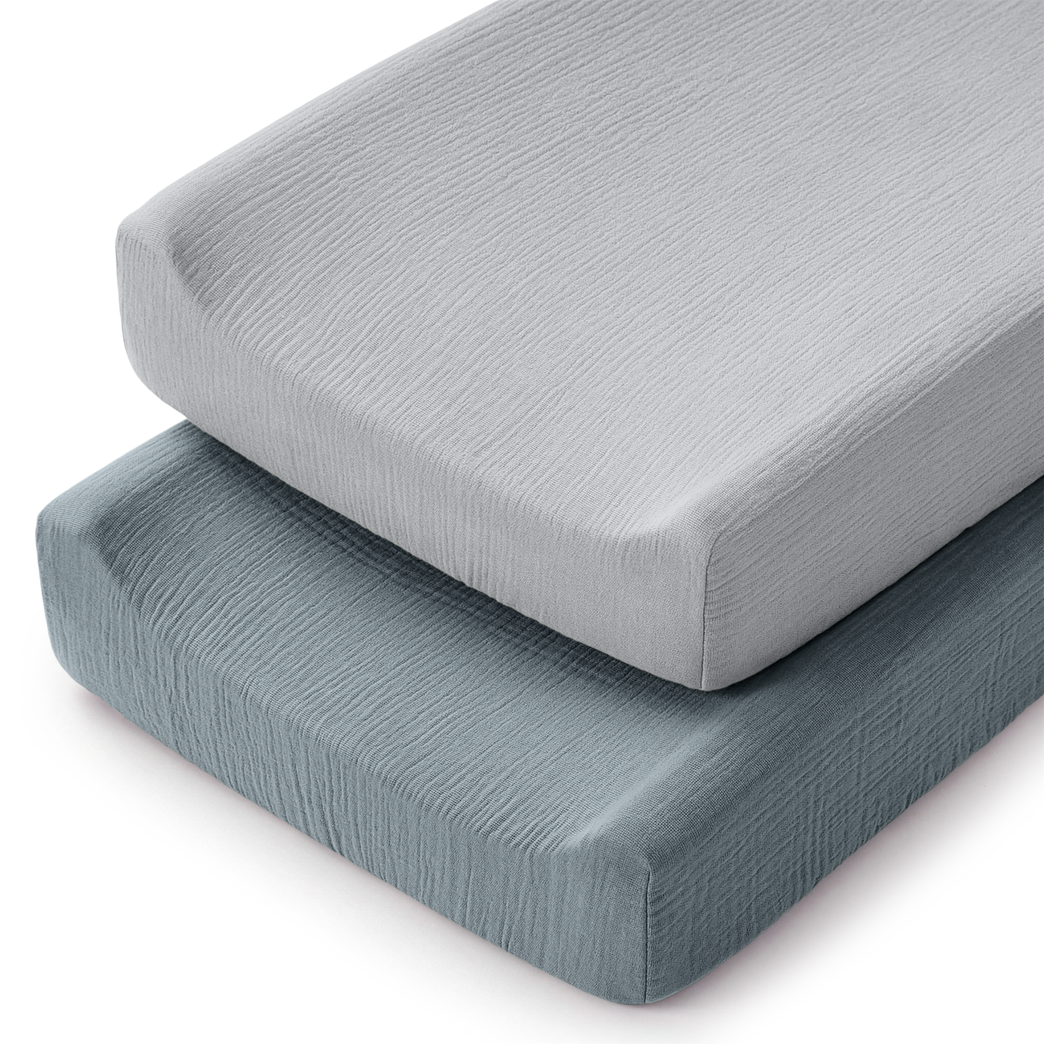 Muslin changing pad covers, 2-pack in Pacific Blue and Heather Blue, with elastic edges and harness openings
