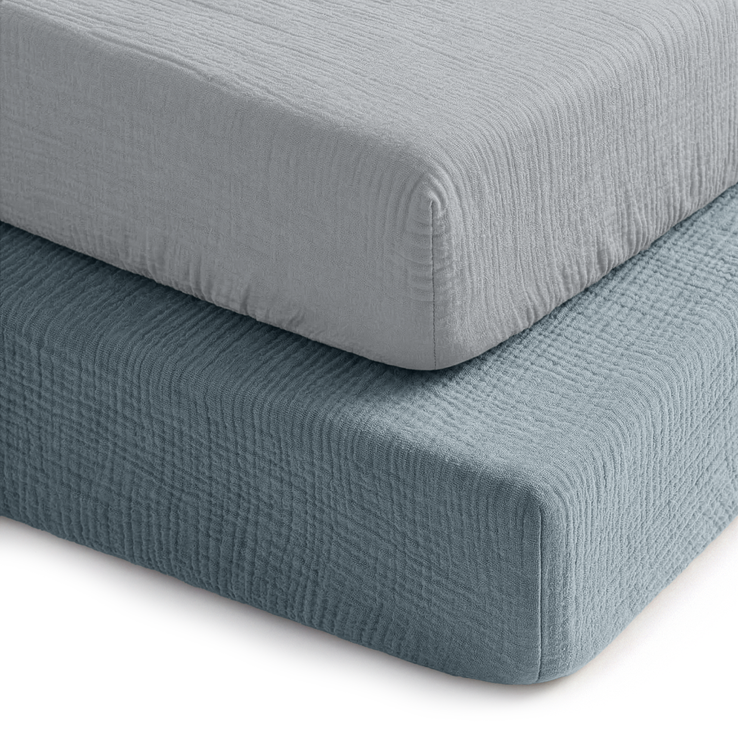 Two muslin fitted crib sheets in Pacific Blue and Heather
