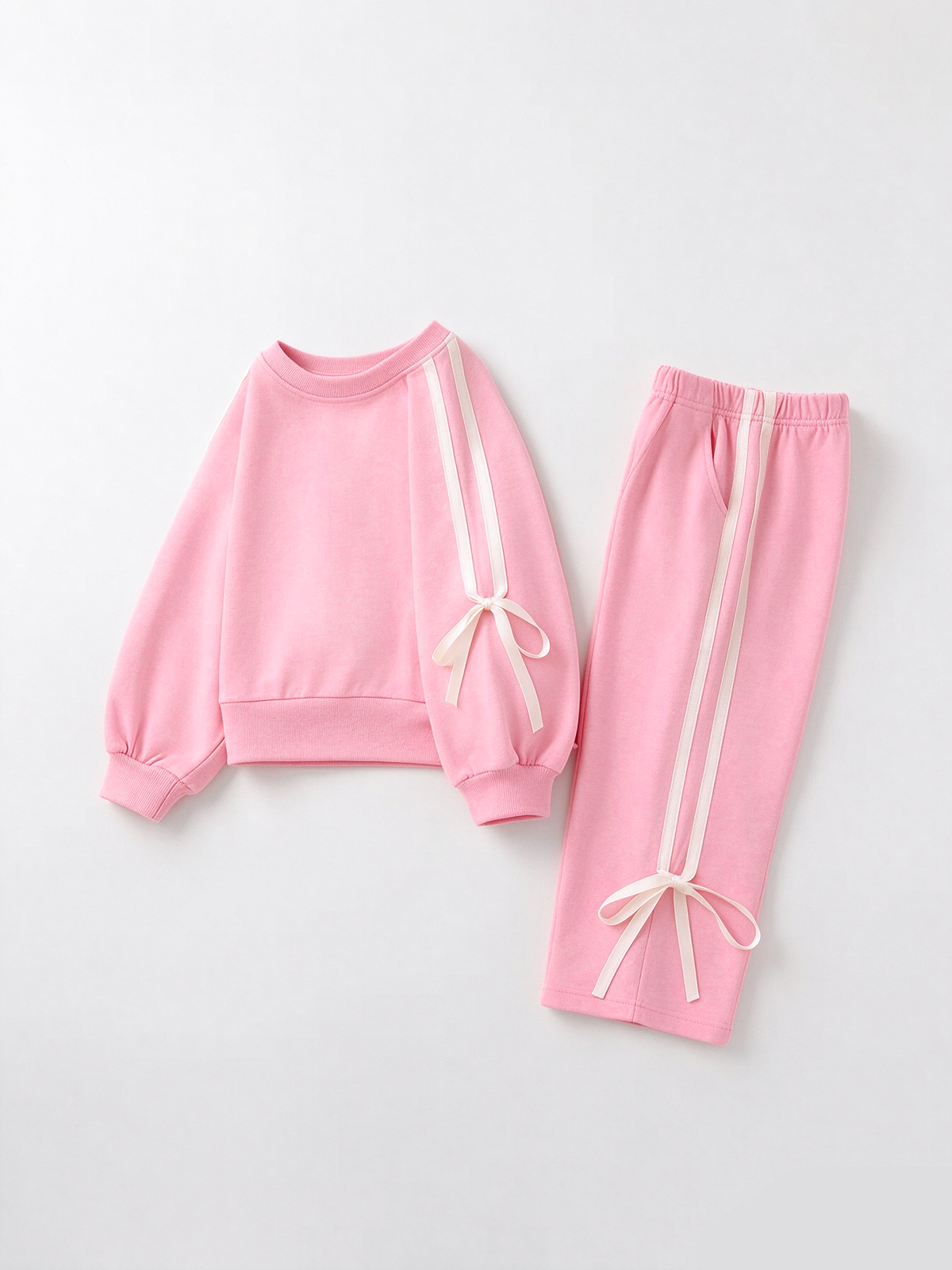 Girls Cotton Polyester Sweatshirt and Pants Set, Pink Bow Trim by Rylee Faith Designs